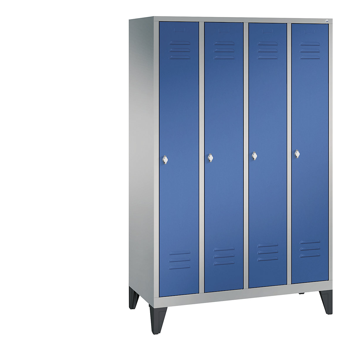 C+P – Armario guardarropa CLASSIC con patas, 4 compartimentos, anchura de compartimento 300 mm, aluminio blanco / azul genciana
