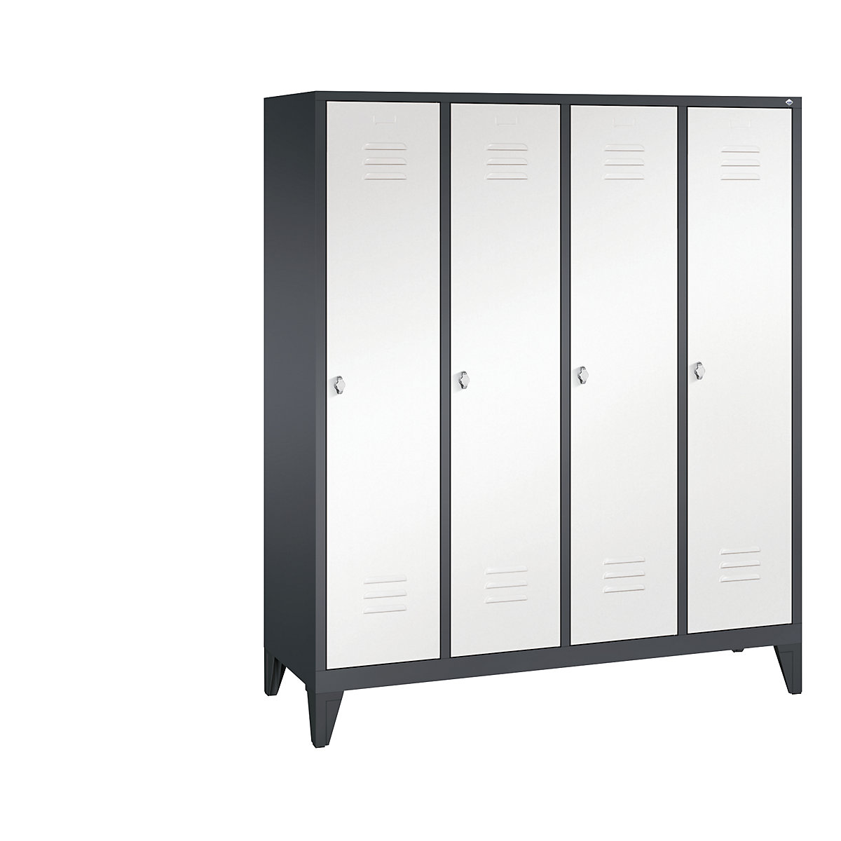 C+P – Armario guardarropa CLASSIC con patas, 4 compartimentos, anchura de compartimento 400 mm, gris negruzco / blanco tráfico