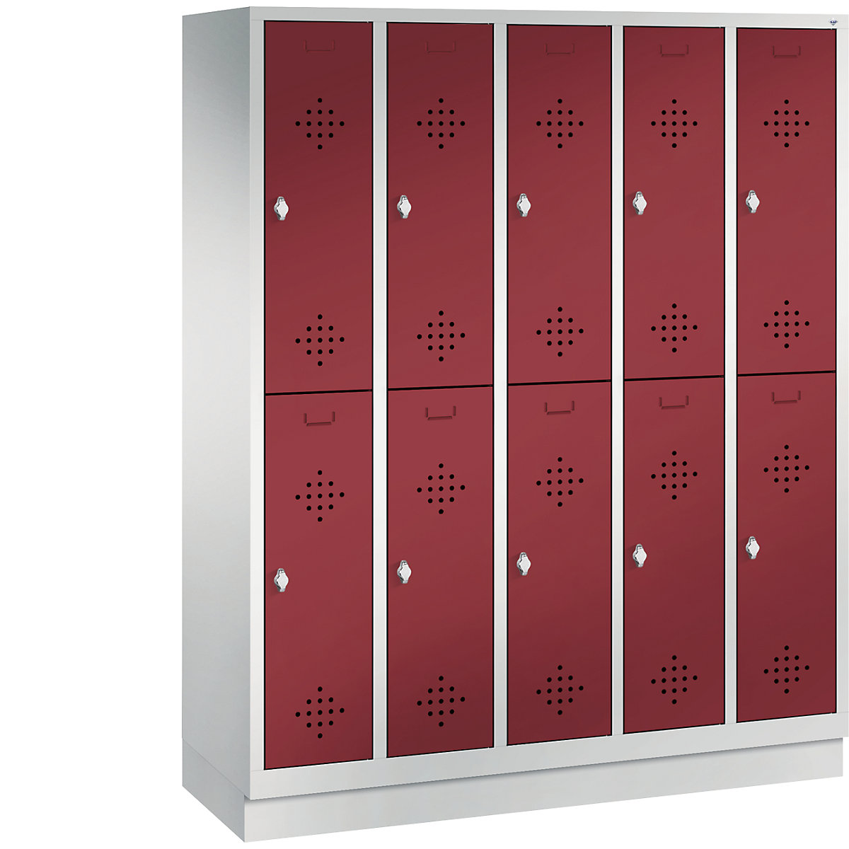 Armario guardarropa CLASSIC con zócalo, de dos pisos – C+P, 5 módulos, cada uno con 2 compartimentos, anchura de módulo 300 mm, gris luminoso / rojo rubí-4