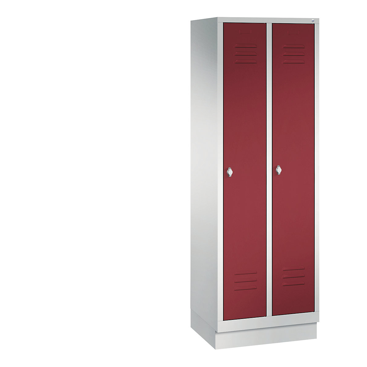 C+P – Armario guardarropa CLASSIC con zócalo, 2 compartimentos, anchura de compartimento 300 mm, gris luminoso / rojo rubí