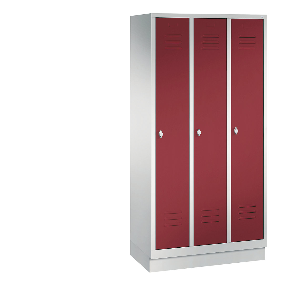 C+P – Armario guardarropa CLASSIC con zócalo, 3 compartimentos, anchura de compartimento 300 mm, gris luminoso / rojo rubí