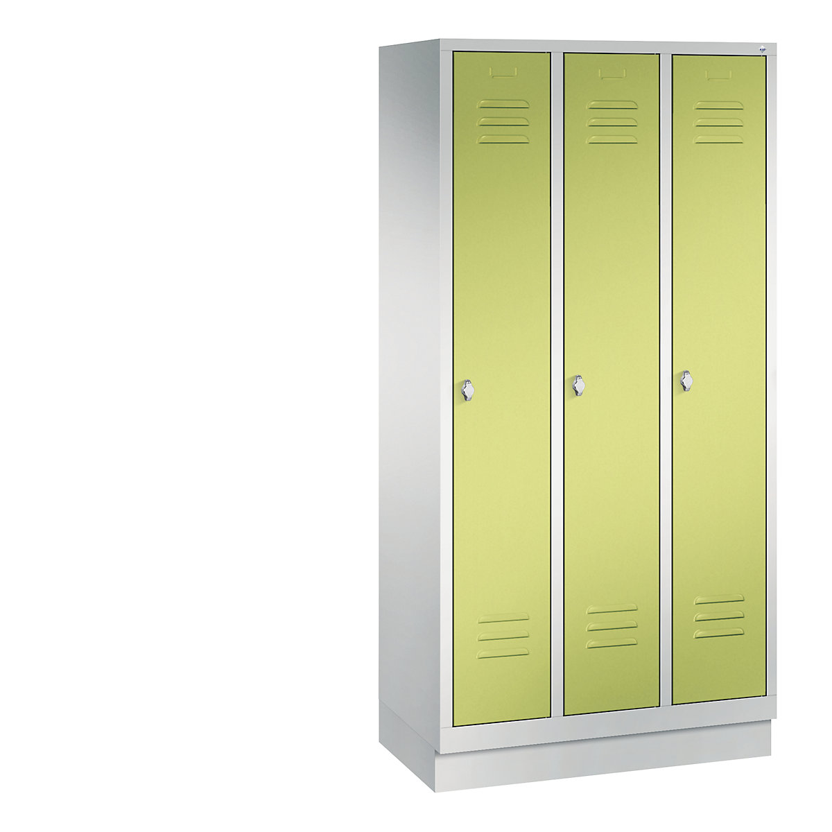 C+P – Armario guardarropa CLASSIC con zócalo, 3 compartimentos, anchura de compartimento 300 mm, gris luminoso / verde pistacho