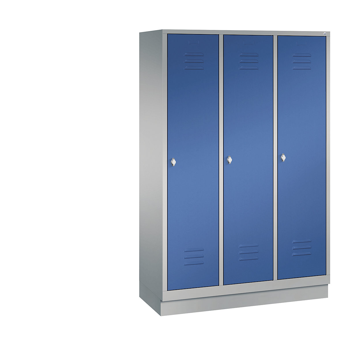 C+P – Armario guardarropa CLASSIC con zócalo, 3 compartimentos, anchura de compartimento 400 mm, aluminio blanco / azul genciana