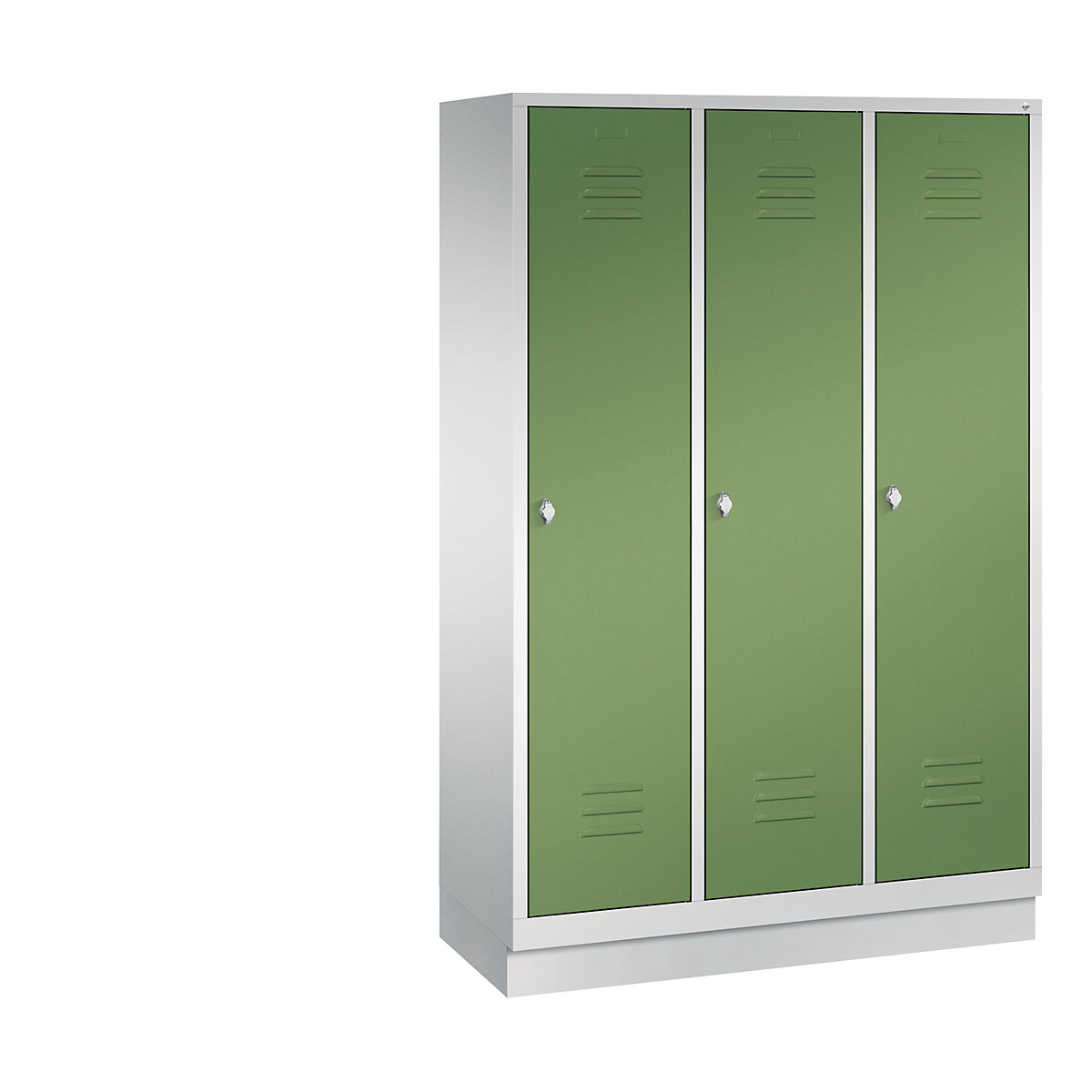 C+P – Armario guardarropa CLASSIC con zócalo, 3 compartimentos, anchura de compartimento 400 mm, gris luminoso / verde reseda