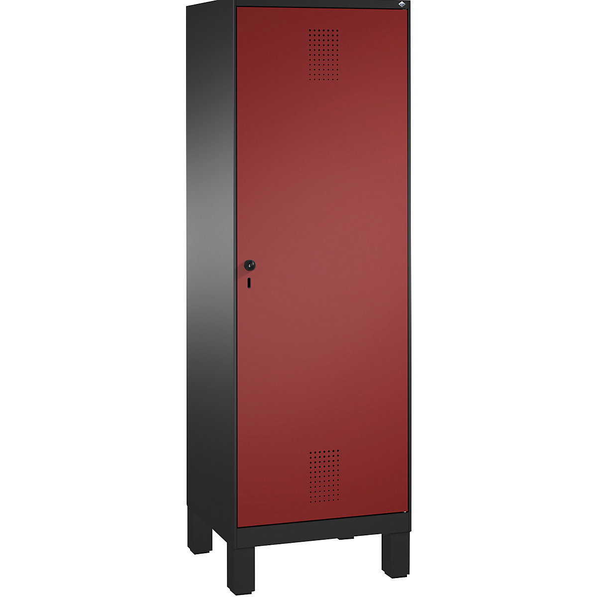 Armario guardarropa EVOLO, puerta sobre 2 compartimentos, con patas – C+P, 2 compartimentos, 1 puerta, anchura de compartimento 300 mm, gris negruzco / rojo rubí-4