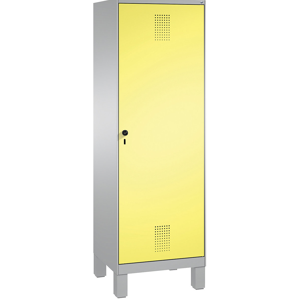 Armario guardarropa EVOLO, puerta sobre 2 compartimentos, con patas – C+P, 2 compartimentos, 1 puerta, anchura de compartimento 300 mm, aluminio blanco / amarillo azufre-15