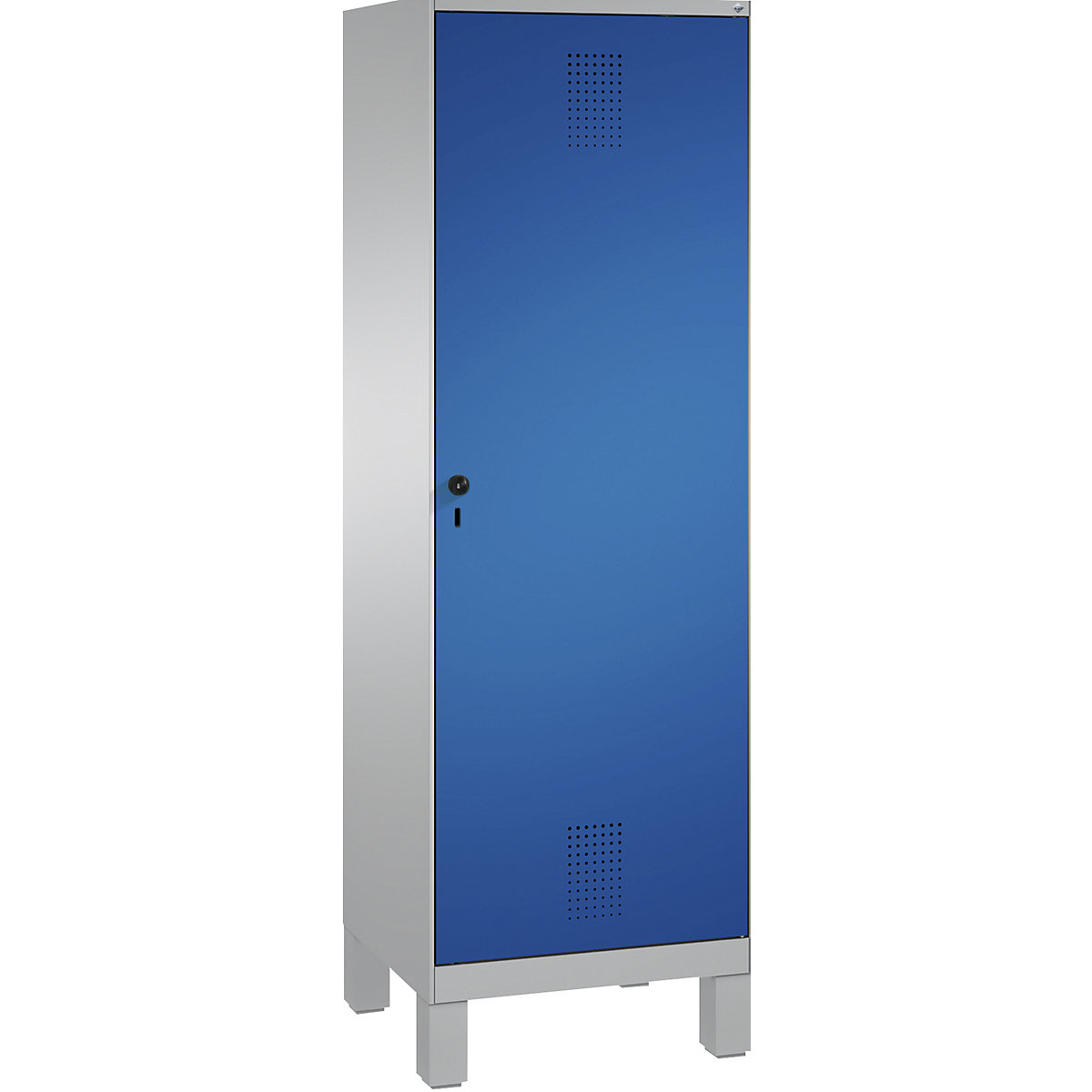 Armario guardarropa EVOLO, puerta sobre 2 compartimentos, con patas – C+P, 2 compartimentos, 1 puerta, anchura de compartimento 300 mm, aluminio blanco / azul genciana-1