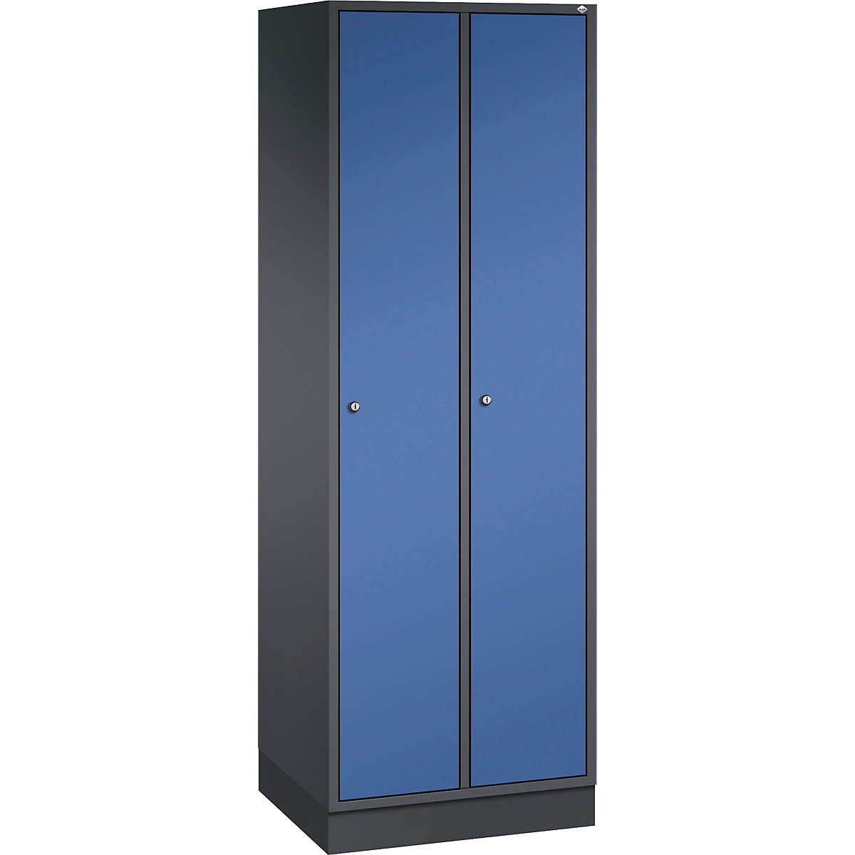 Armario guardarropa de acero INTRO – C+P, anchura 620 mm, 2 compartimentos, cuerpo gris negruzco, puertas en azul genciana-3