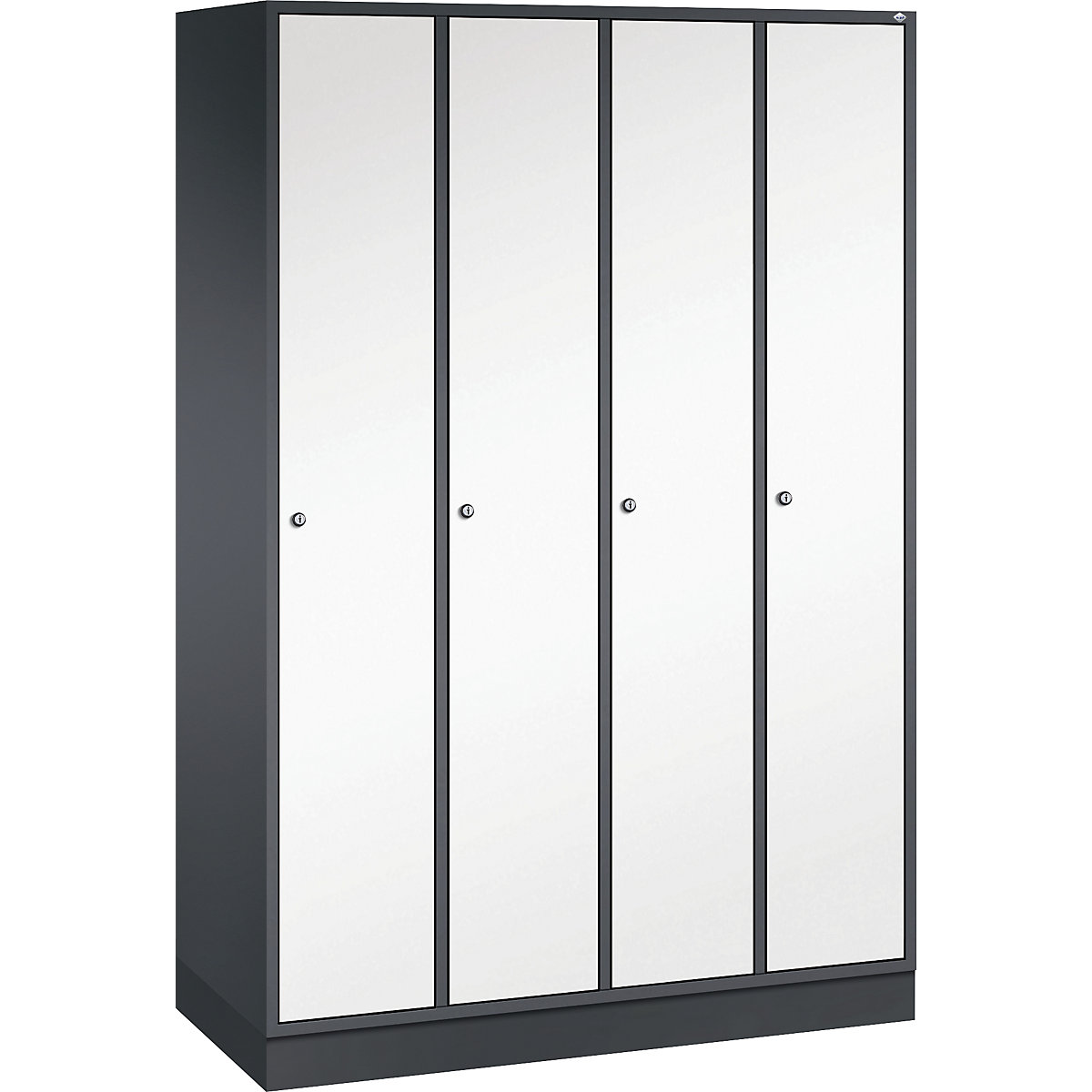 Armario guardarropa de acero INTRO – C+P, anchura 1220 mm, 4 compartimentos, cuerpo gris negruzco, puertas en blanco puro-3