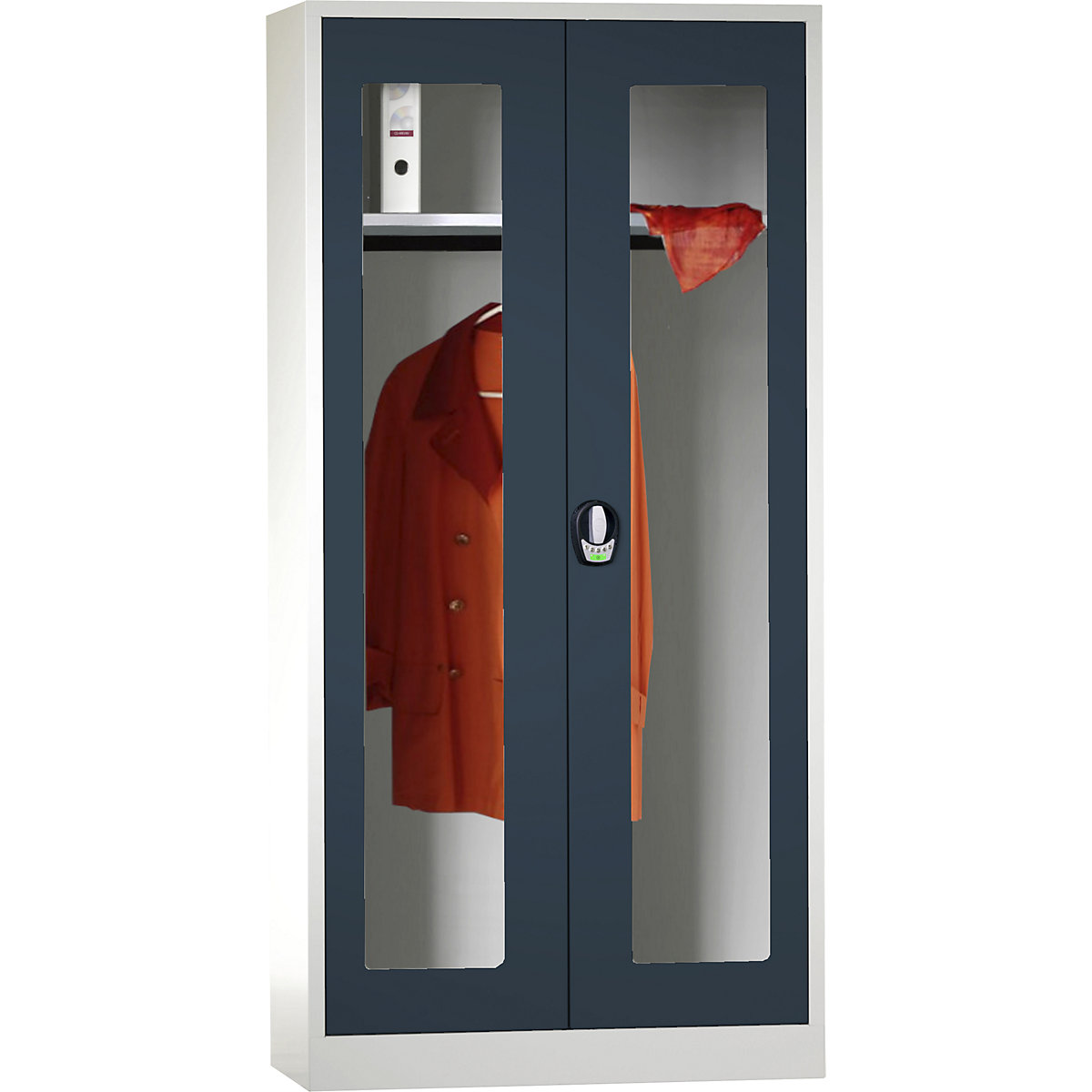 Wolf – Armario guardarropa de puertas batientes con cerradura electrónica, con puertas con ventanilla, gris luminoso / gris antracita