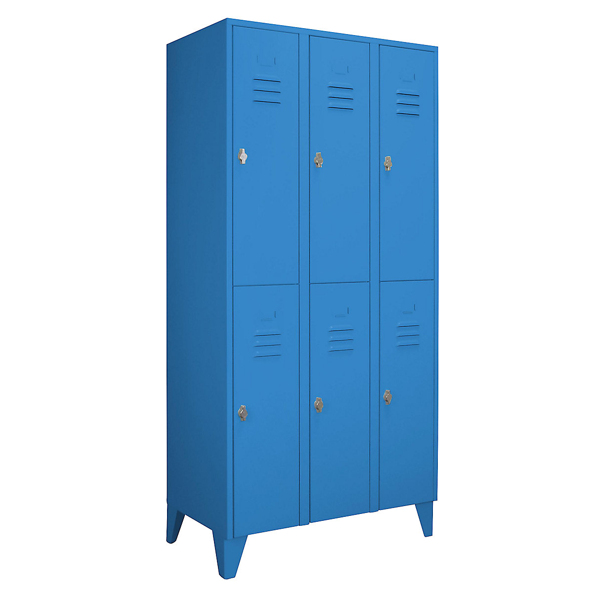 Taquilla de acero con patas – Wolf, compartimentos de media altura, puertas macizas, anchura de compartimento 300 mm, 6 compartimientos, azul luminoso-42