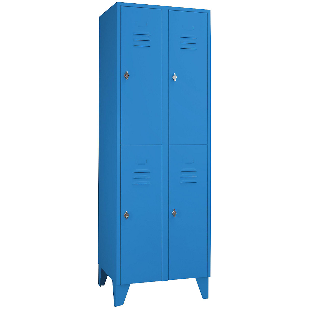 Taquilla de acero con patas – Wolf, compartimentos de media altura, puertas macizas, anchura de compartimento 300 mm, 4 compartimientos, azul luminoso-30