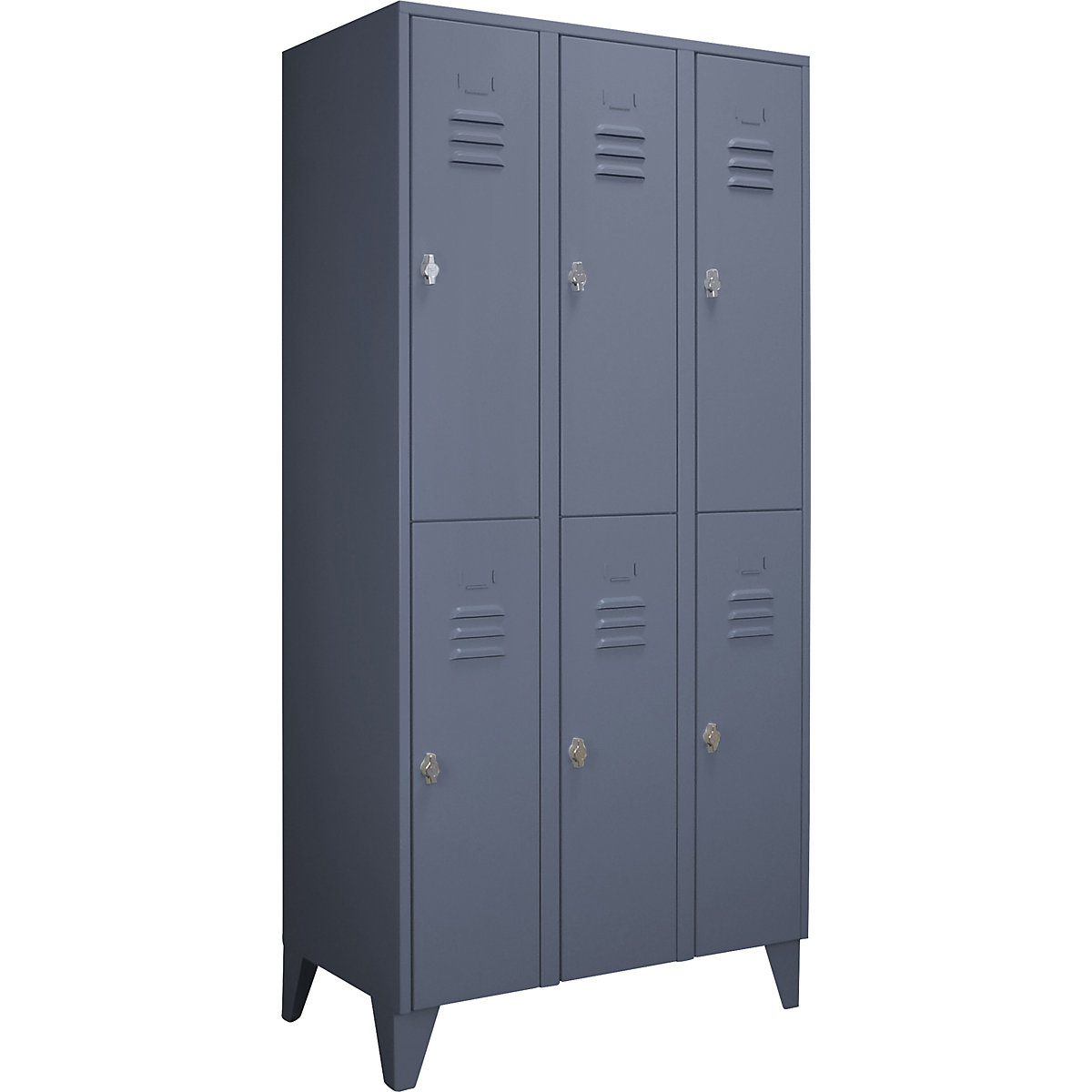 Taquilla de acero con patas – Wolf, compartimentos de media altura, puertas macizas, anchura de compartimento 300 mm, 6 compartimentos, gris azulado-26