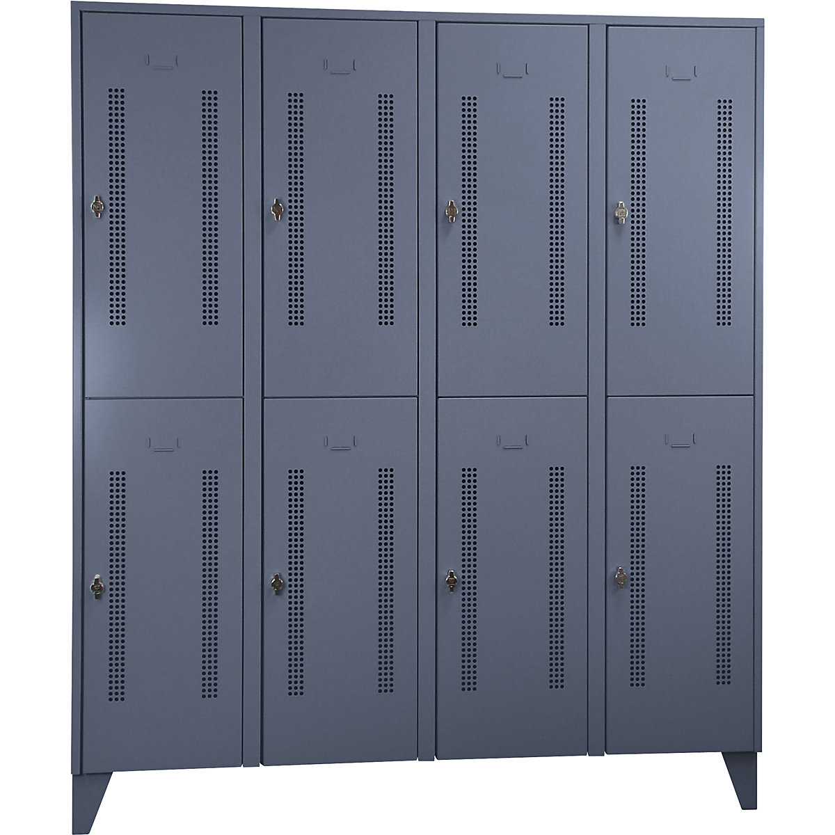 Taquilla de acero con patas – Wolf, compartimentos de media altura, puertas de chapa perforada, anchura de compartimento 400 mm, 8 compartimentos, gris azulado-16