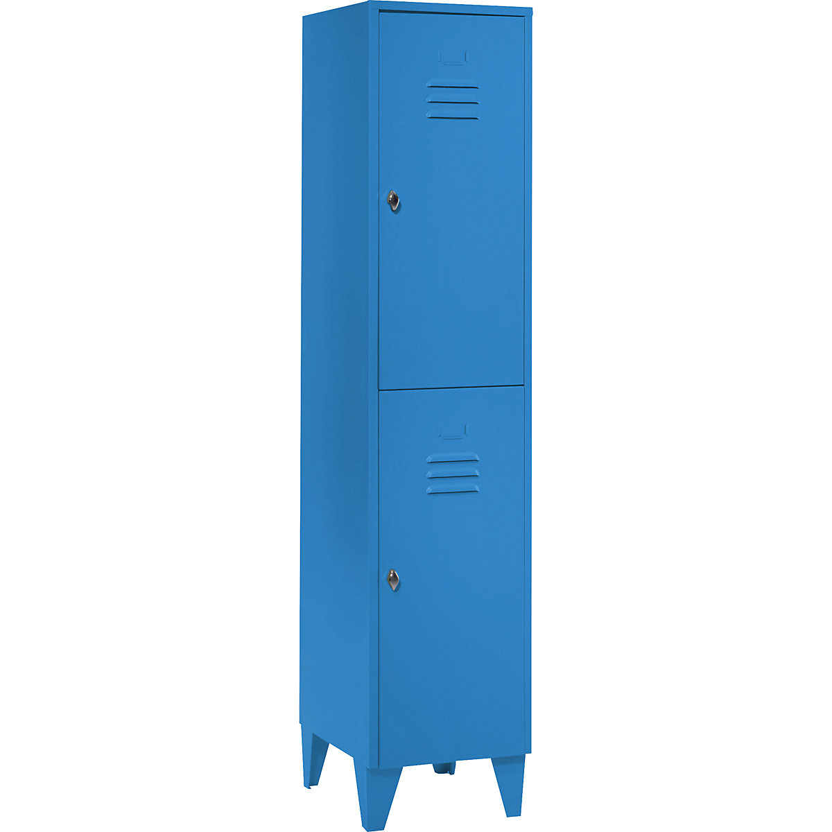 Taquilla de acero con patas – Wolf, compartimentos de media altura, puertas macizas, anchura de compartimento 400 mm, 2 compartimientos, azul luminoso-35
