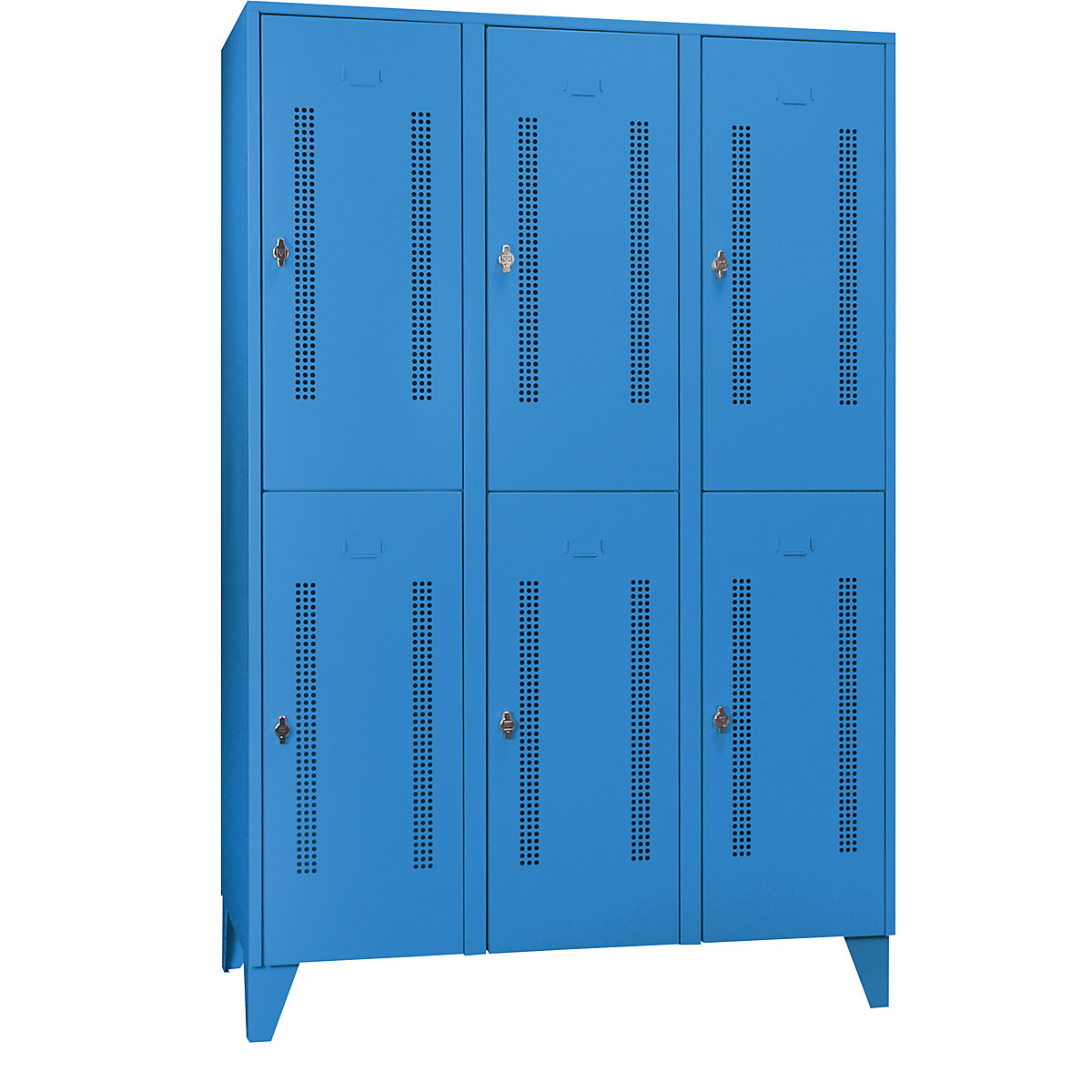 Taquilla de acero con patas – Wolf, compartimentos de media altura, puertas de chapa perforada, anchura de compartimento 400 mm, 6 compartimientos, azul luminoso-5