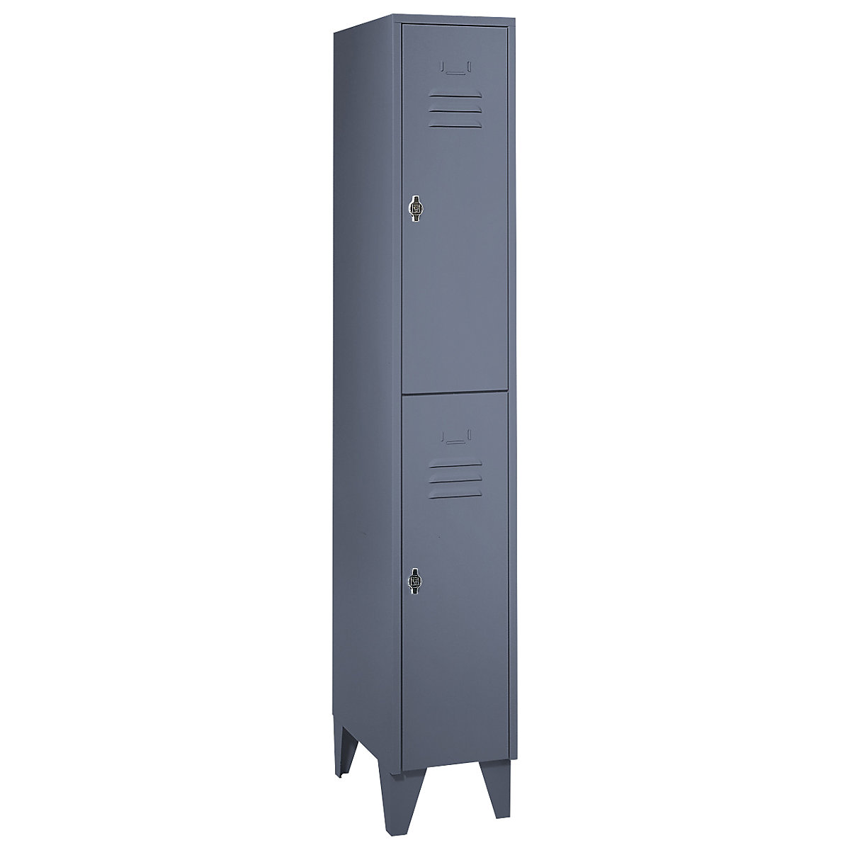 Taquilla de acero con patas – Wolf, compartimentos de media altura, puertas macizas, anchura de compartimento 300 mm, 2 compartimentos, gris azulado-29