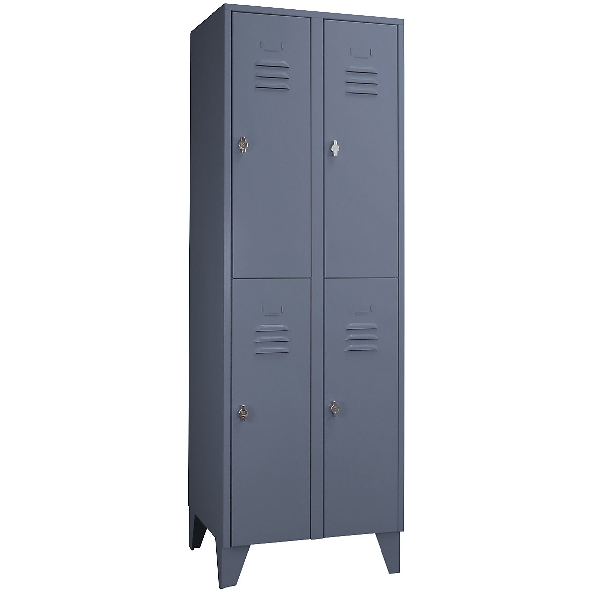 Taquilla de acero con patas – Wolf, compartimentos de media altura, puertas macizas, anchura de compartimento 300 mm, 4 compartimentos, gris azulado-7