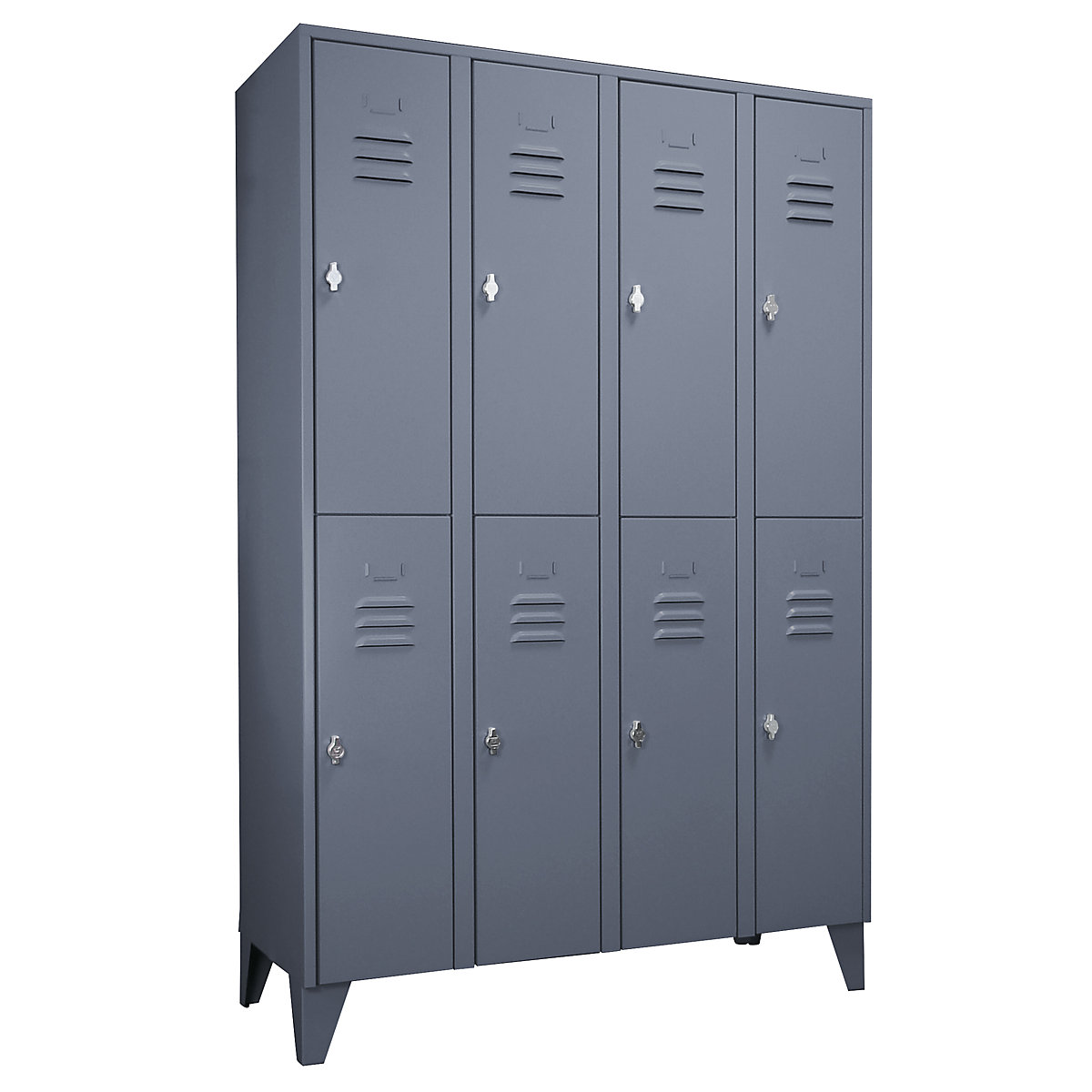 Taquilla de acero con patas – Wolf, compartimentos de media altura, puertas macizas, anchura de compartimento 300 mm, 8 compartimentos, gris azulado-33