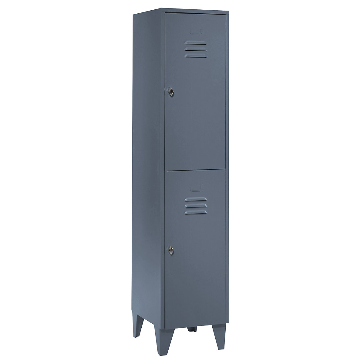 Taquilla de acero con patas – Wolf, compartimentos de media altura, puertas macizas, anchura de compartimento 400 mm, 2 compartimentos, gris azulado-28