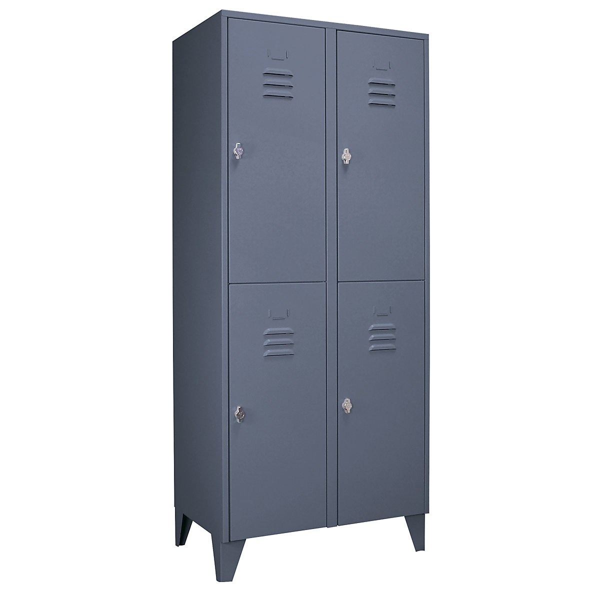 Taquilla de acero con patas – Wolf, compartimentos de media altura, puertas macizas, anchura de compartimento 400 mm, 4 compartimentos, gris azulado-12