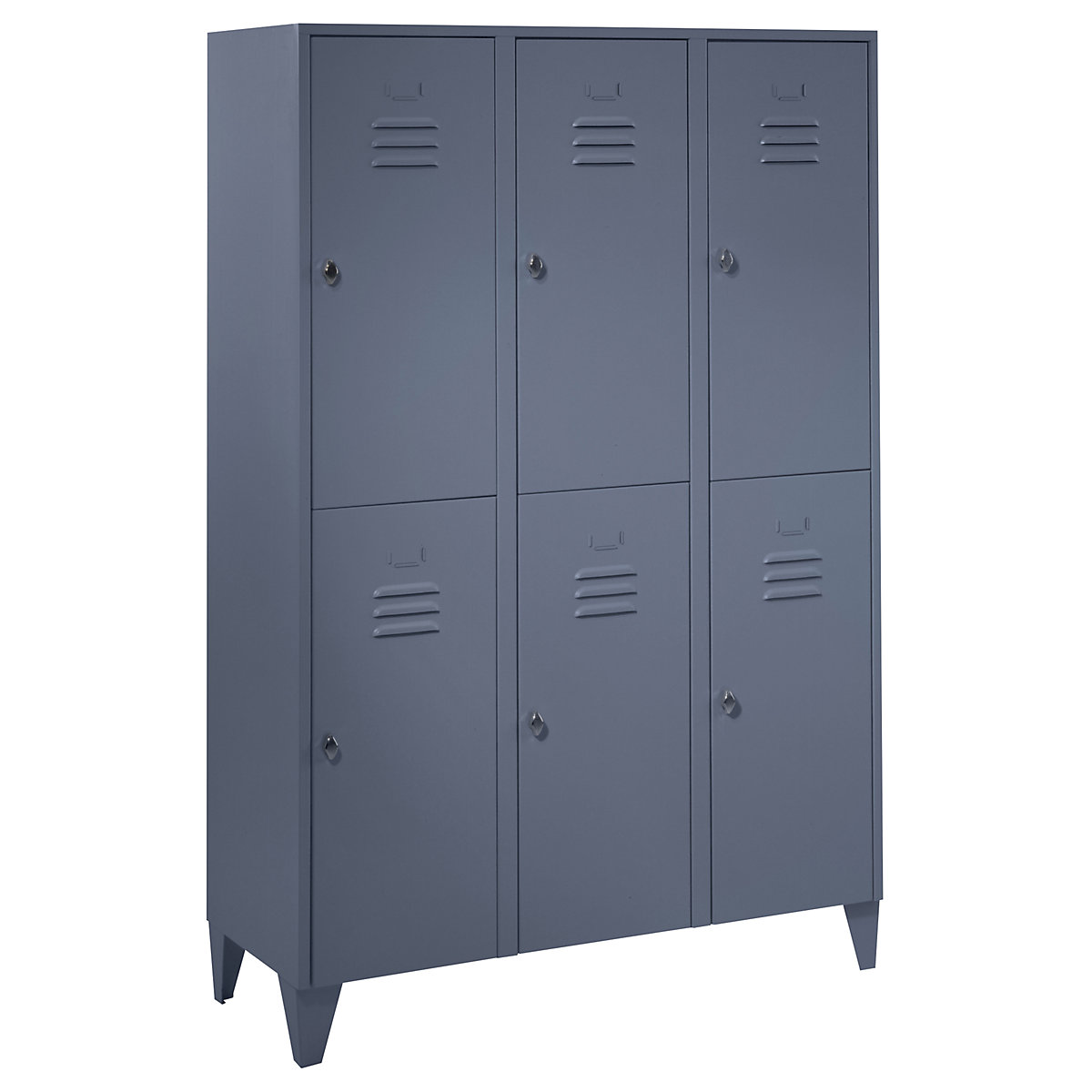 Taquilla de acero con patas – Wolf, compartimentos de media altura, puertas macizas, anchura de compartimento 400 mm, 6 compartimentos, gris azulado-53