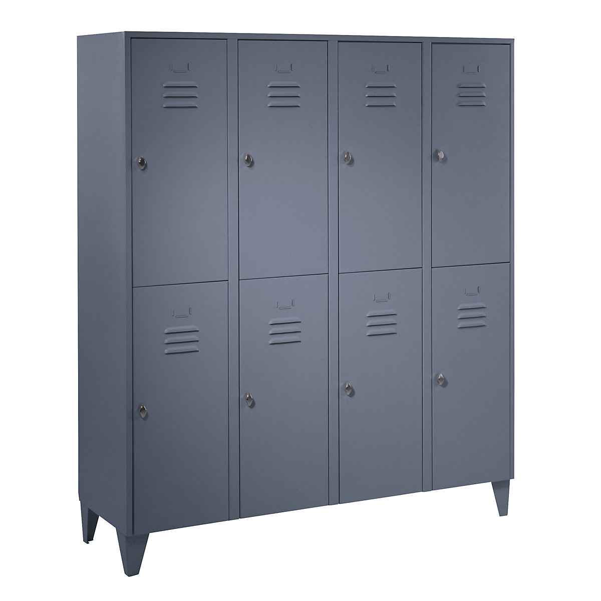 Taquilla de acero con patas – Wolf, compartimentos de media altura, puertas macizas, anchura de compartimento 400 mm, 8 compartimentos, gris azulado-18