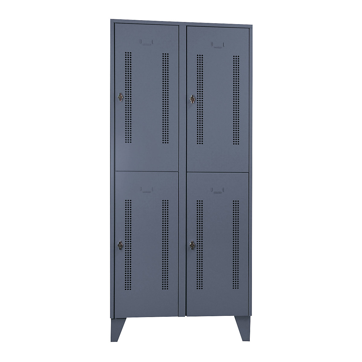 Taquilla de acero con patas – Wolf, compartimentos de media altura, puertas de chapa perforada, anchura de compartimento 400 mm, 4 compartimentos, gris azulado-39