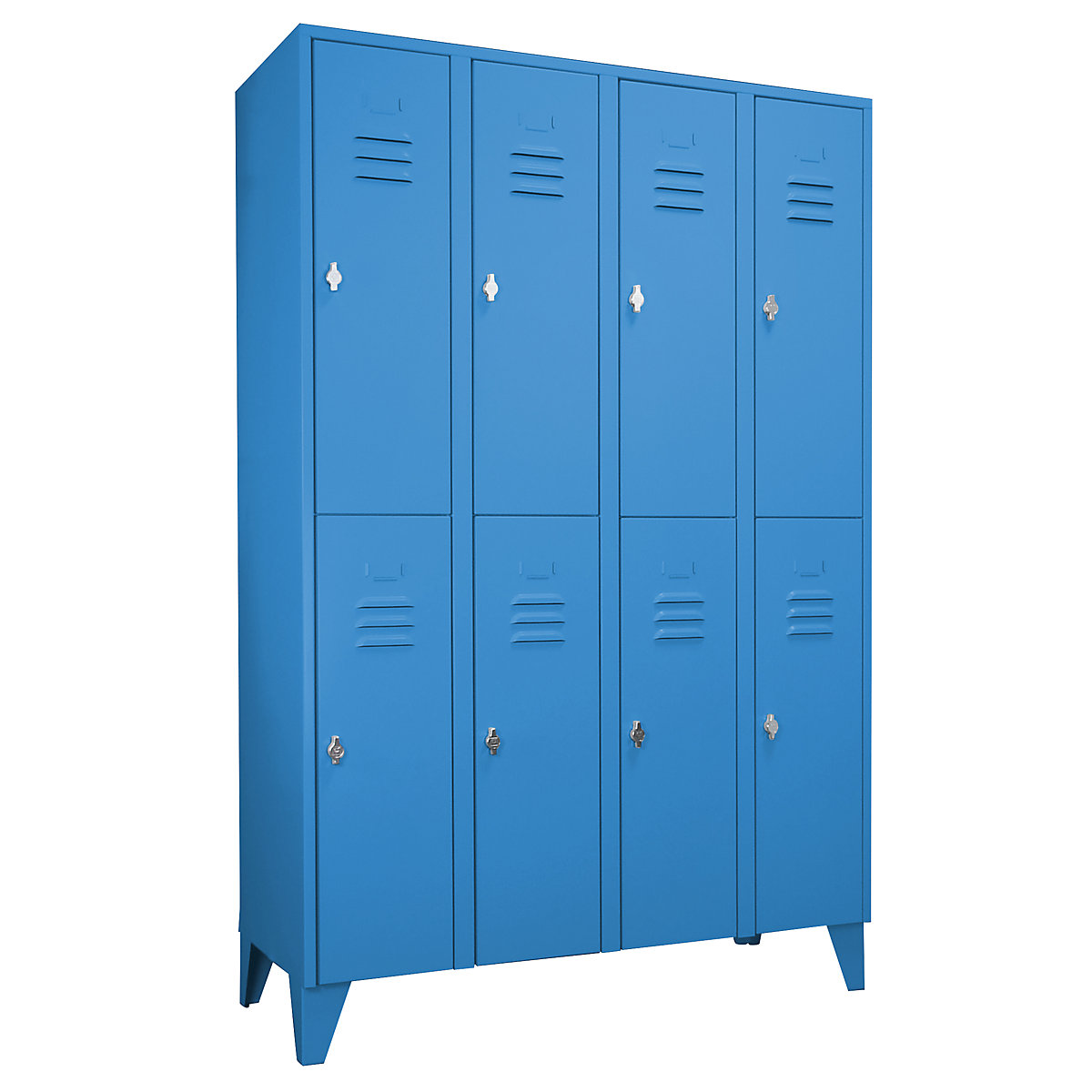 Taquilla de acero con patas – Wolf, compartimentos de media altura, puertas macizas, anchura de compartimento 300 mm, 8 compartimientos, azul luminoso-54