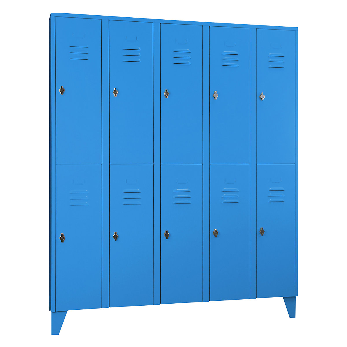 Taquilla de acero con patas – Wolf, compartimentos de media altura, puertas macizas, anchura de compartimento 300 mm, 10 compartimientos, azul luminoso-8