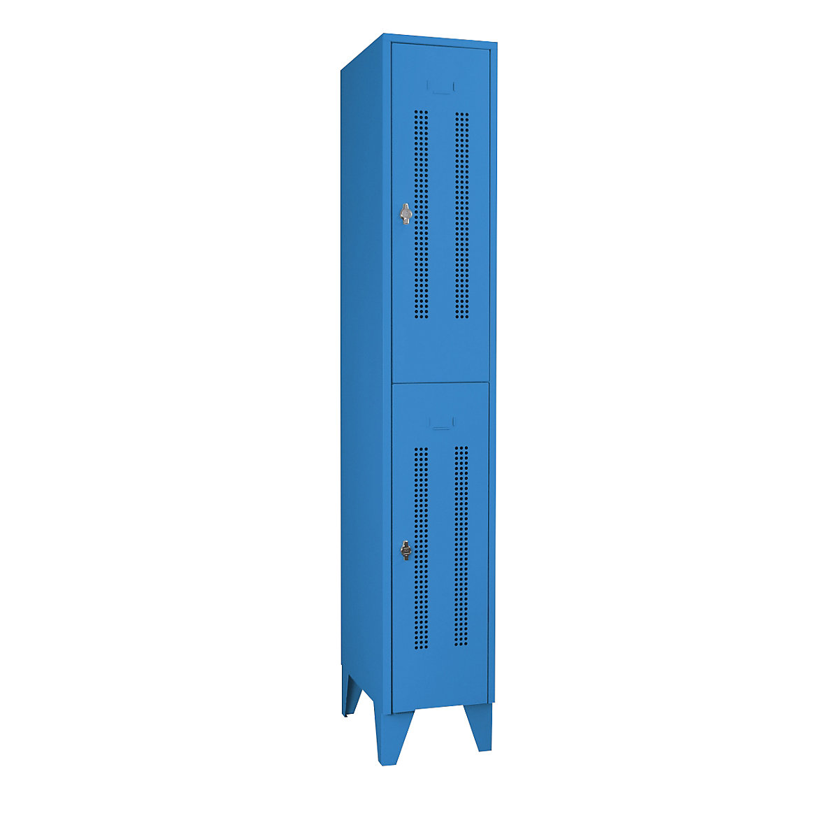 Taquilla de acero con patas – Wolf, compartimentos de media altura, puertas de chapa perforada, anchura de compartimento 300 mm, 2 compartimientos, azul luminoso-25