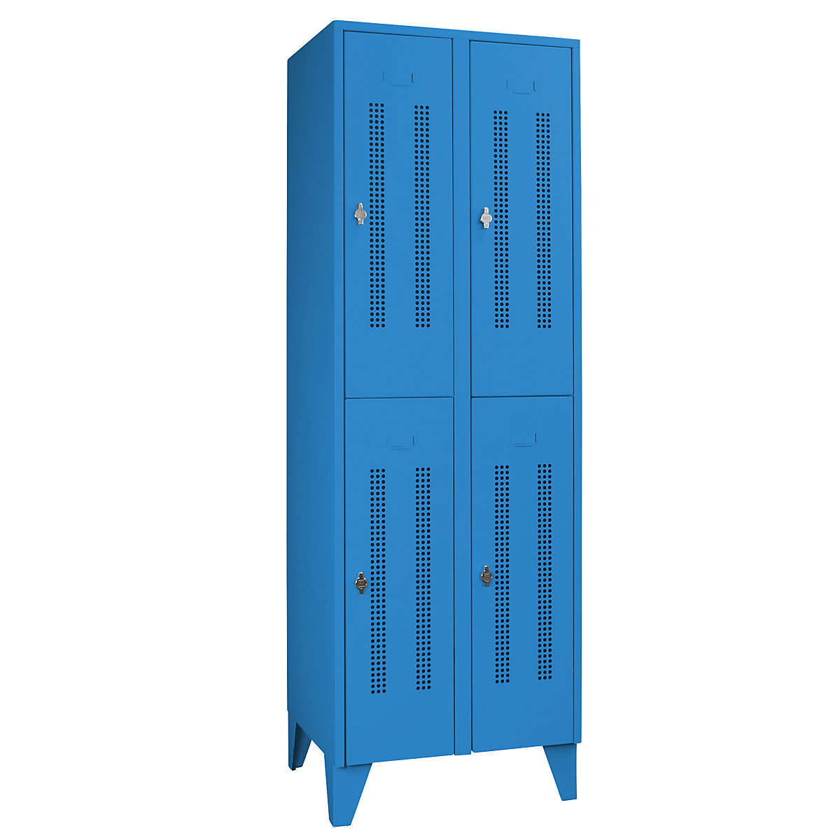 Taquilla de acero con patas – Wolf, compartimentos de media altura, puertas de chapa perforada, anchura de compartimento 300 mm, 4 compartimientos, azul luminoso-32