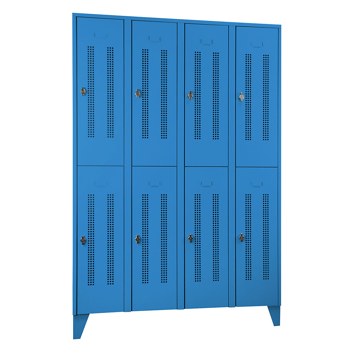 Taquilla de acero con patas – Wolf, compartimentos de media altura, puertas de chapa perforada, anchura de compartimento 300 mm, 8 compartimientos, azul luminoso-10