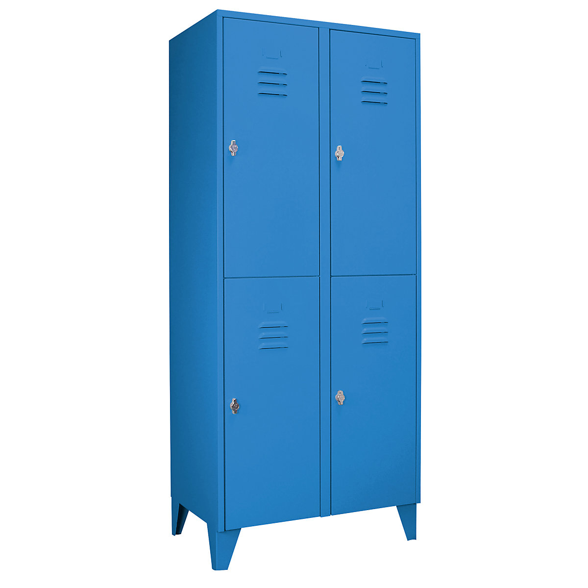 Taquilla de acero con patas – Wolf, compartimentos de media altura, puertas macizas, anchura de compartimento 400 mm, 4 compartimientos, azul luminoso-43