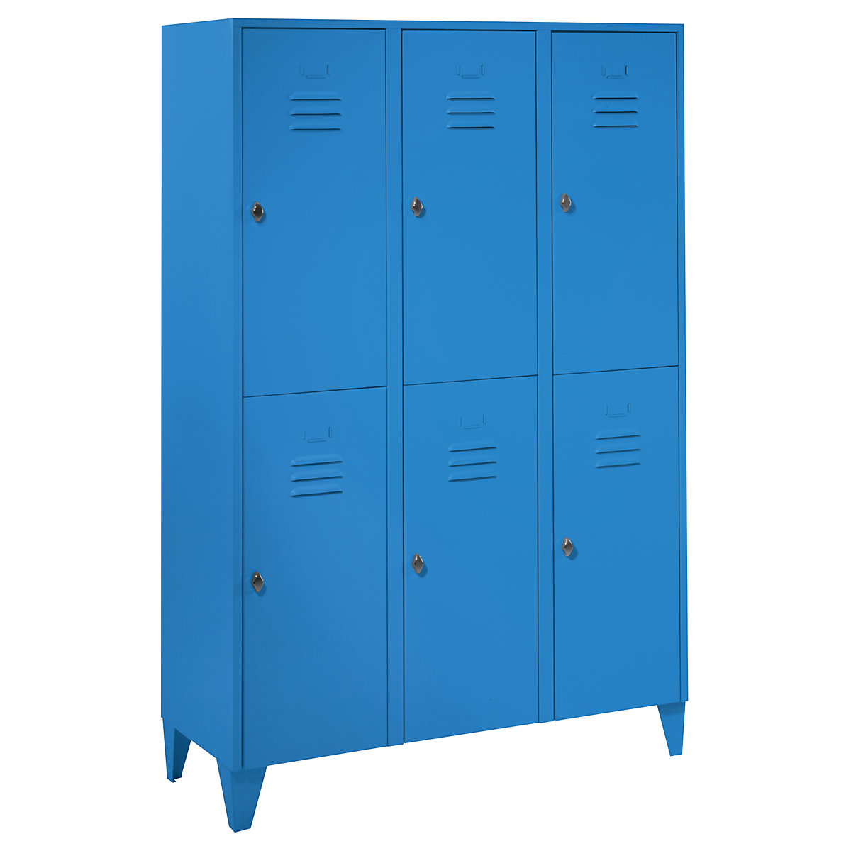 Taquilla de acero con patas – Wolf, compartimentos de media altura, puertas macizas, anchura de compartimento 400 mm, 6 compartimientos, azul luminoso-6