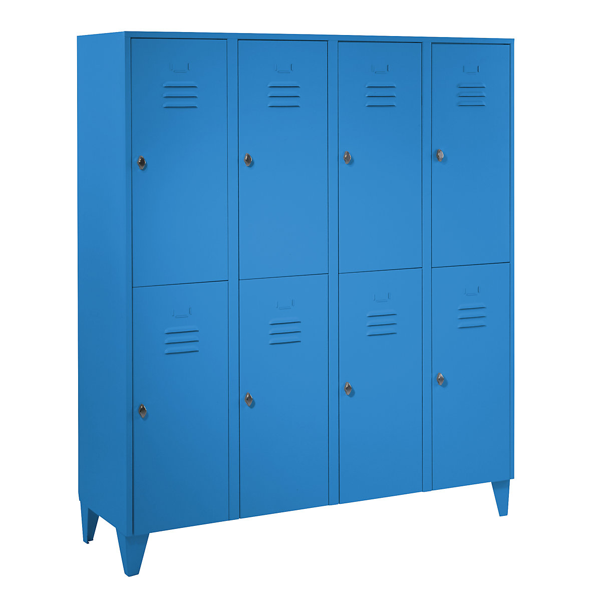 Taquilla de acero con patas – Wolf, compartimentos de media altura, puertas macizas, anchura de compartimento 400 mm, 8 compartimientos, azul luminoso-11