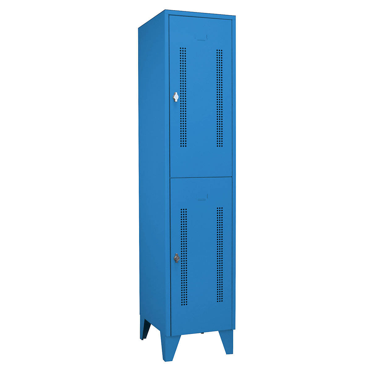 Taquilla de acero con patas – Wolf, compartimentos de media altura, puertas de chapa perforada, anchura de compartimento 400 mm, 2 compartimientos, azul luminoso-27