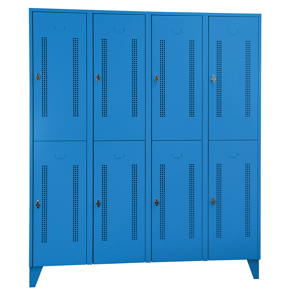 Taquilla de acero con patas – Wolf, compartimentos de media altura, puertas de chapa perforada, anchura de compartimento 400 mm, 8 compartimientos, azul luminoso-9