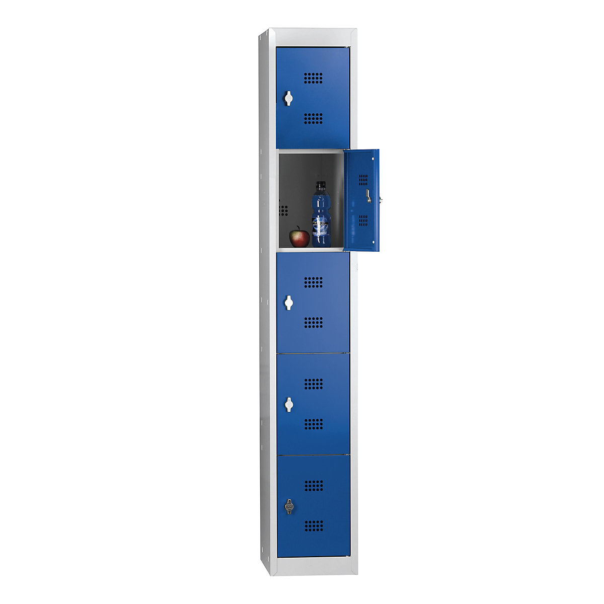 Taquilla de acero, desmontada – Wolf, puerta batiente, 5 compartimentos, altura 320 mm, anchura 300 mm, módulo básico, gris luminoso / azul genciana-5
