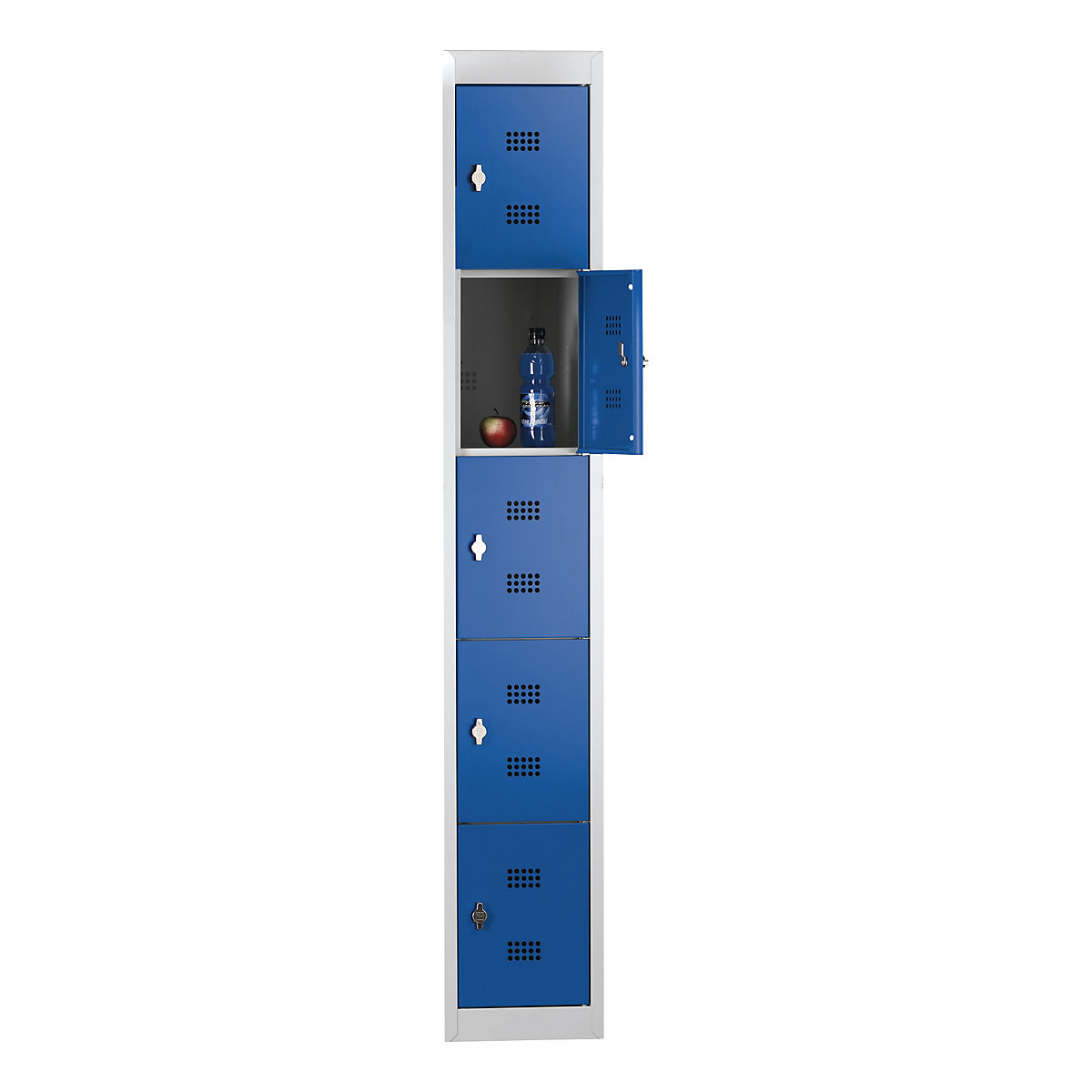 Taquilla de acero, desmontada – Wolf, puerta batiente, 5 compartimentos, altura 320 mm, anchura 300 mm, módulo de ampliación, gris luminoso / azul genciana-8