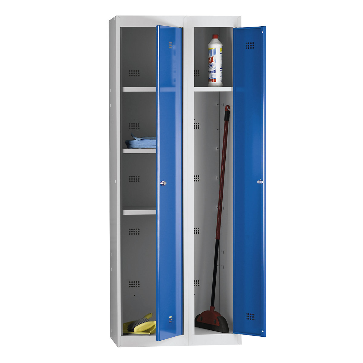 Taquilla de acero, desmontada – Wolf, puerta batiente, 2 compartimentos, anchura total 700 mm, gris luminoso / azul genciana-17