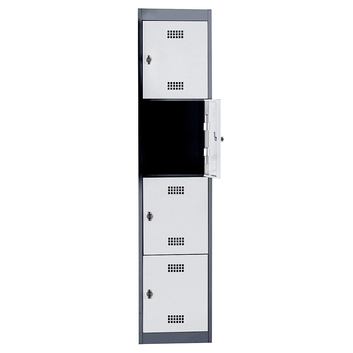 Taquilla de acero, desmontada – Wolf, puerta batiente, 4 compartimentos, altura 410 mm, anchura 400 mm, módulo de ampliación, gris antracita / gris luminoso-22