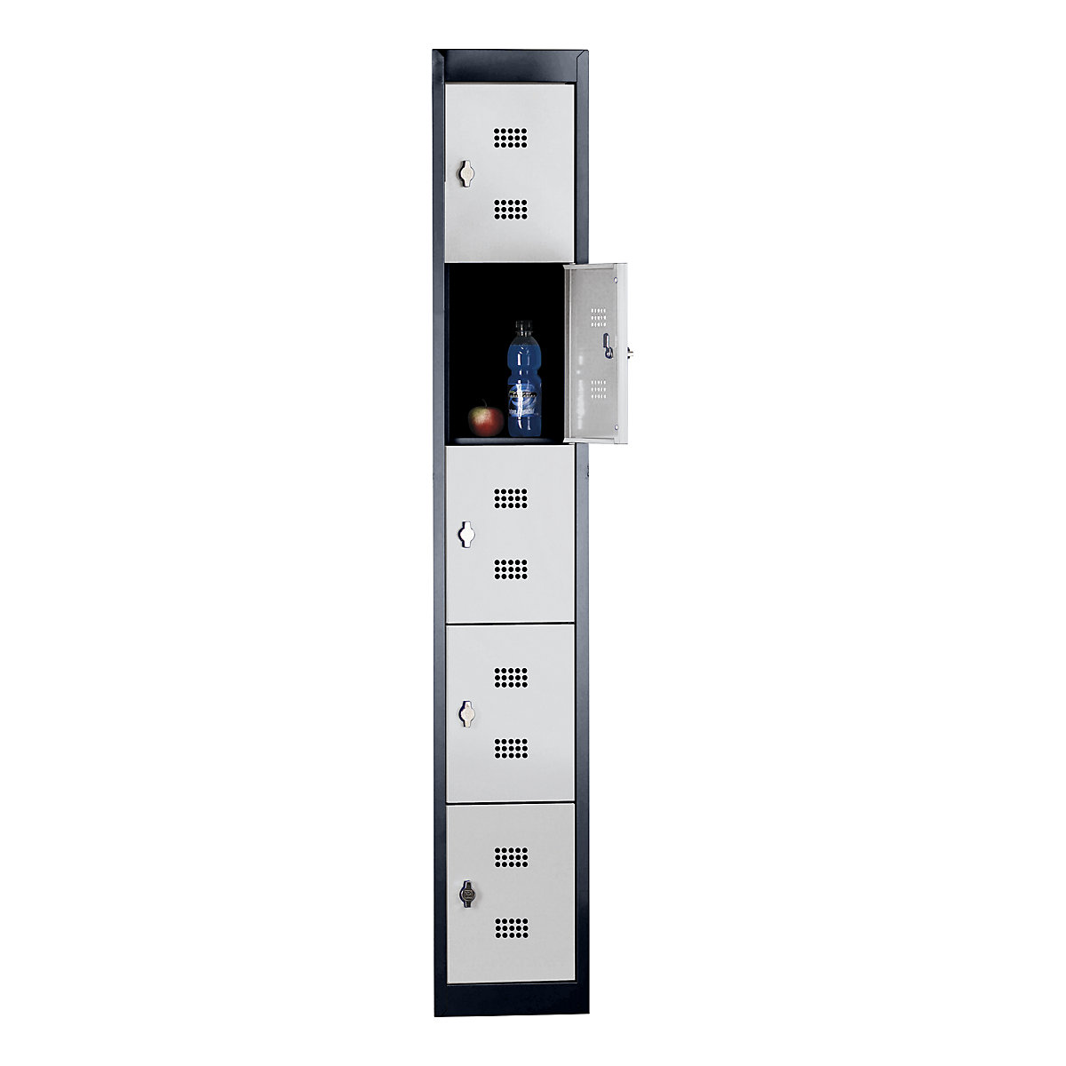 Taquilla de acero, desmontada – Wolf, puerta batiente, 5 compartimentos, altura 320 mm, anchura 300 mm, módulo de ampliación, gris antracita / gris luminoso-7