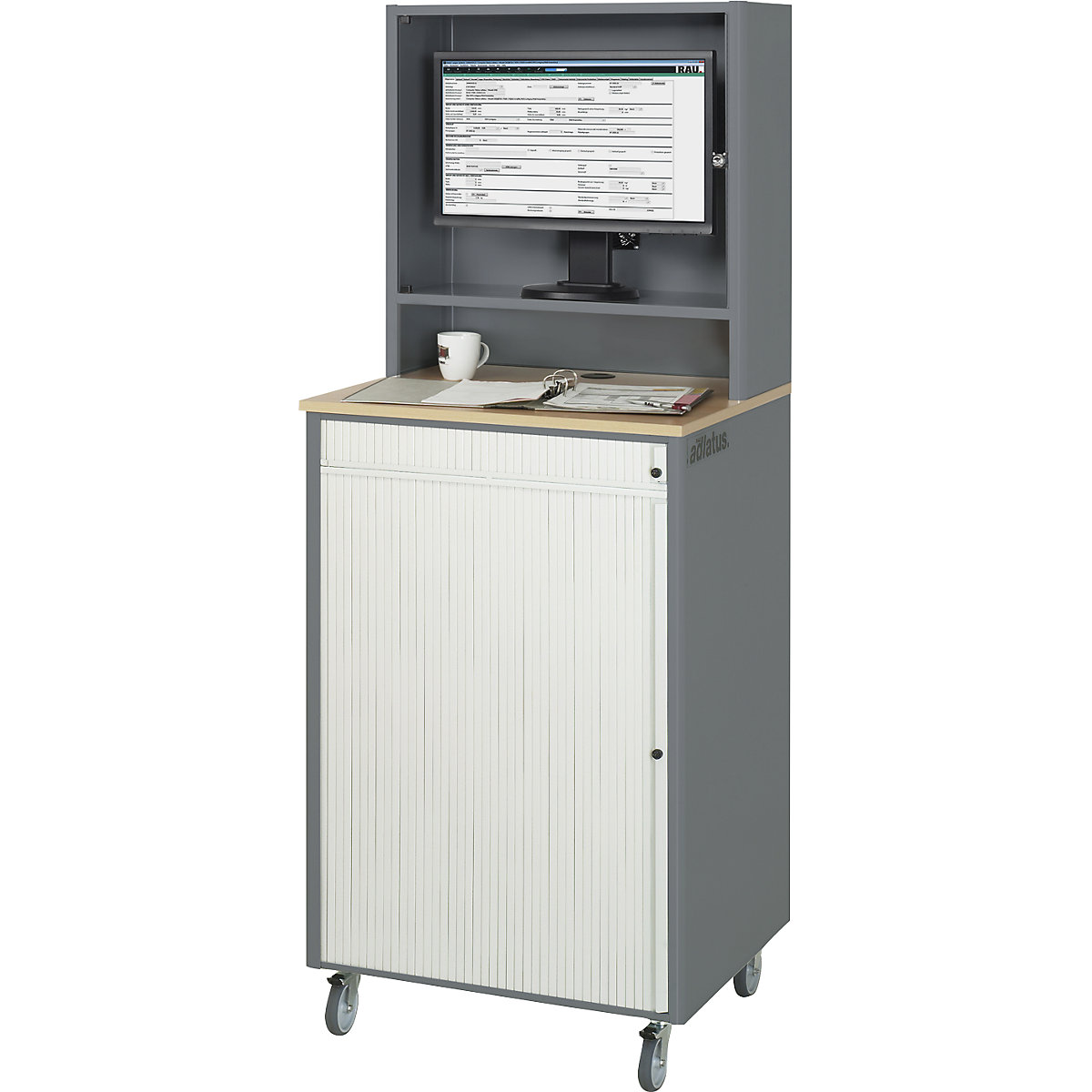 RAU – Stație de lucru pentru calculator, î. x lăț. x ad. 1810 x 720 x 660 mm, cu carcasă pentru monitor, mobilă, antracit metalizat / albastru gențiană