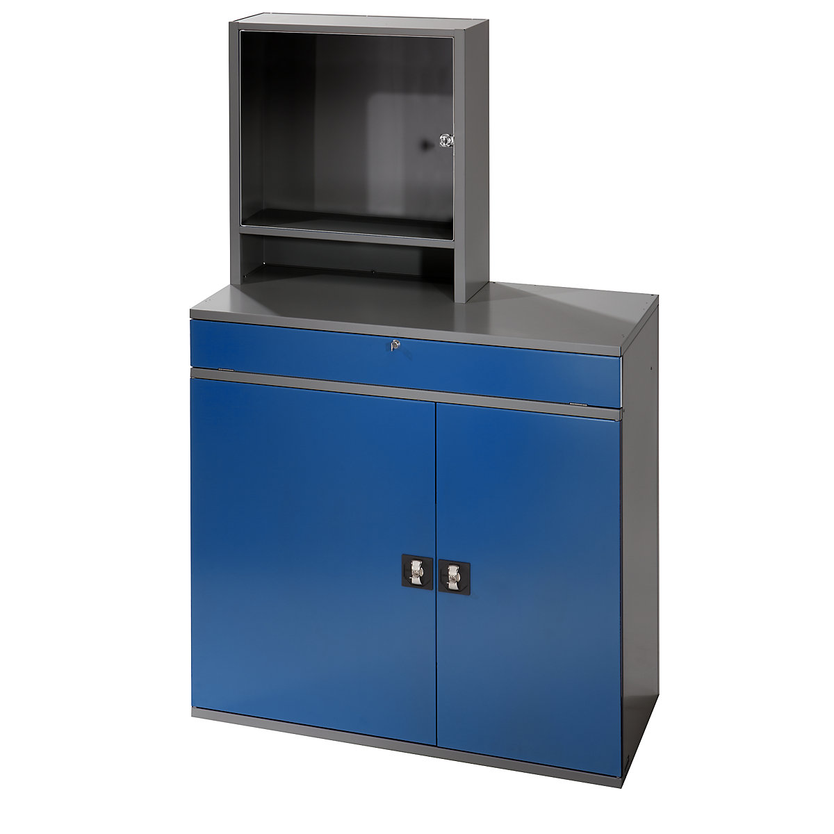 RAU – Stație de lucru pentru calculator, carcasă monitor, 1 poliță extensibilă 2 sertare, lățime 1100 mm, antracit / albastru gențiană
