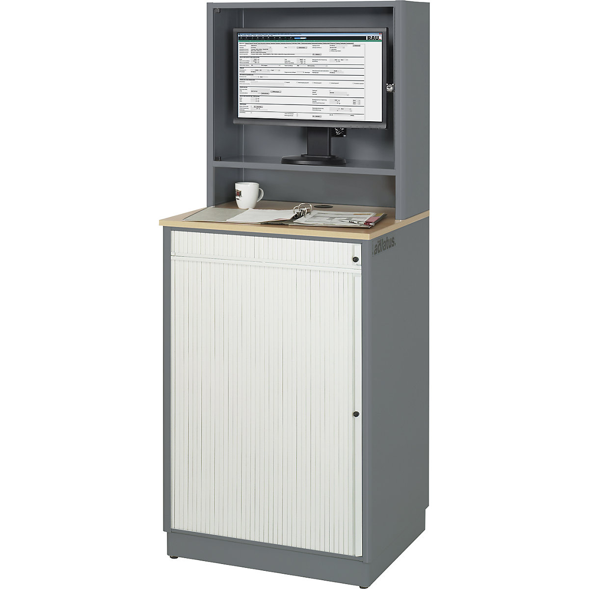 RAU – Stație de lucru pentru calculator, î. x lăț. x ad. 1810 x 720 x 660 mm, cu carcasă pentru monitor, antracit metalizat / albastru gențiană