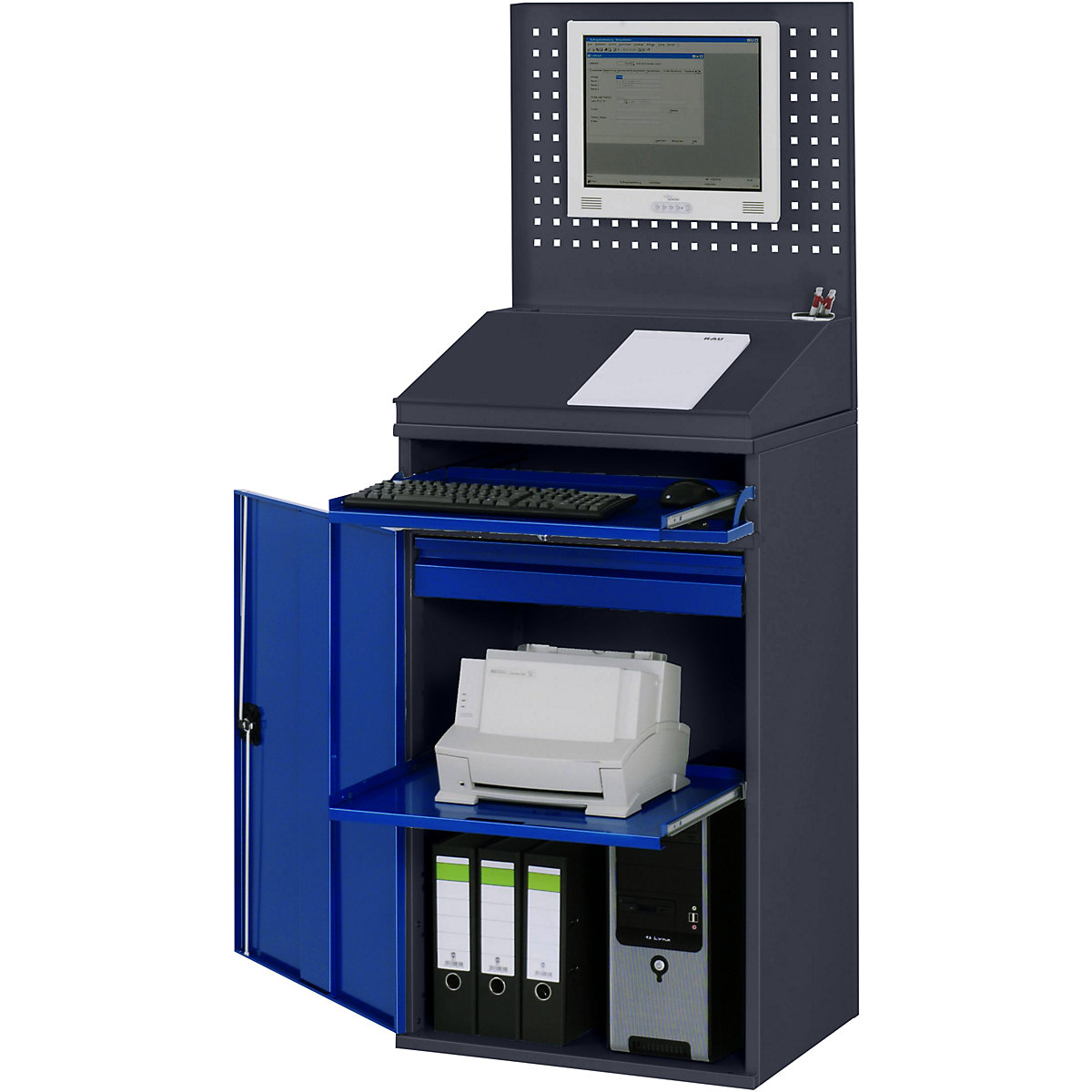 RAU – Stație de lucru pentru calculator, panou perforat, pupitru de scris, poliță extensibilă, sertar, lățime 650 mm, antracit / albastru gențiană