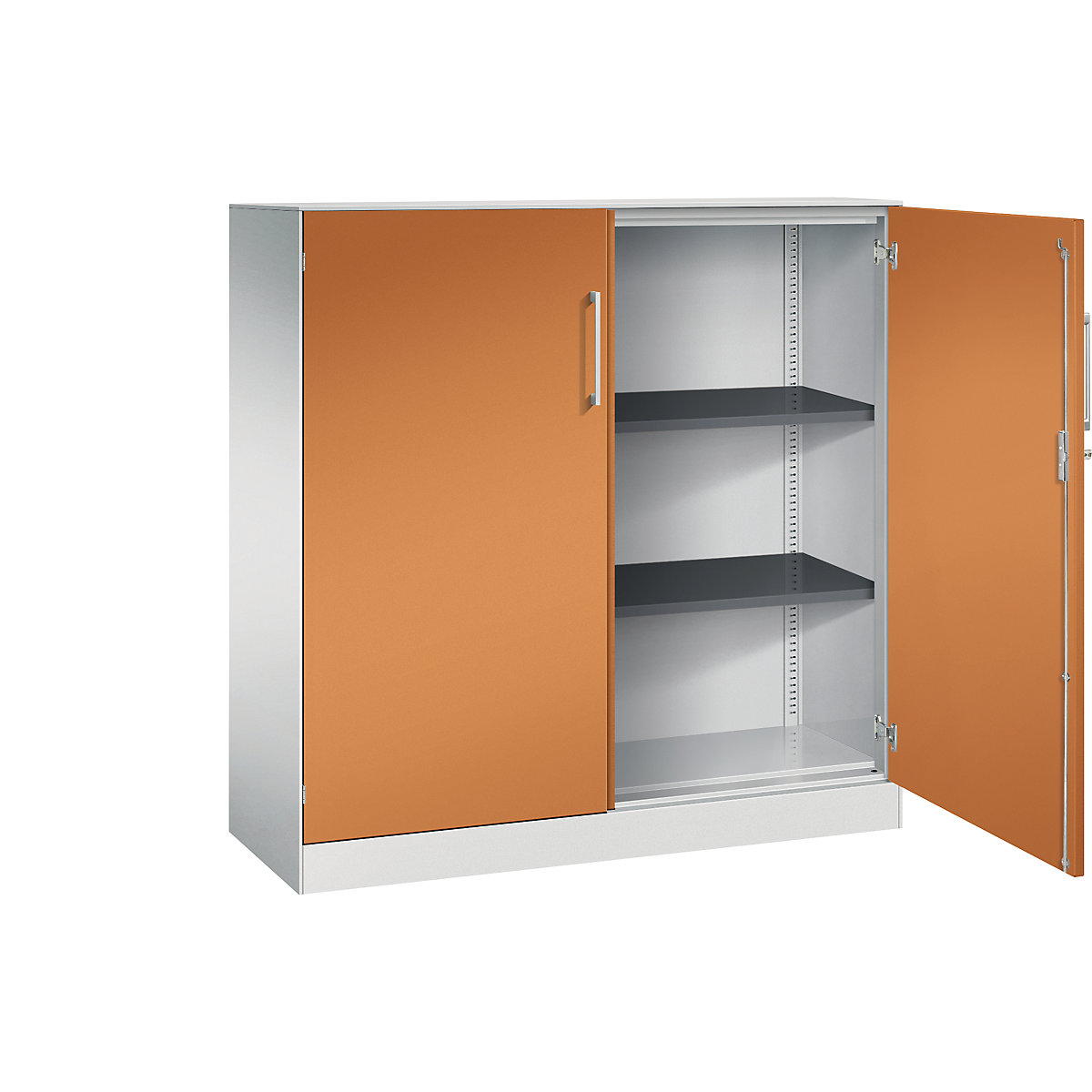 Dulap cu uși cu canaturi ASISTO, înălțime 1292 mm – C+P, lățime 1200 mm, 2 polițe, gri deschis/galben-portocaliu-13
