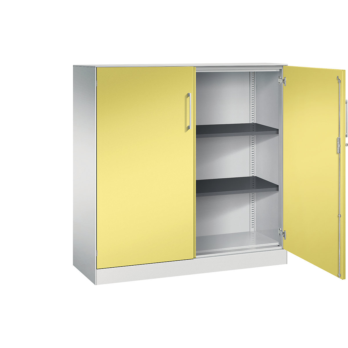 Dulap cu uși cu canaturi ASISTO, înălțime 1292 mm – C+P, lățime 1200 mm, 2 polițe, gri deschis/galben sulf-2