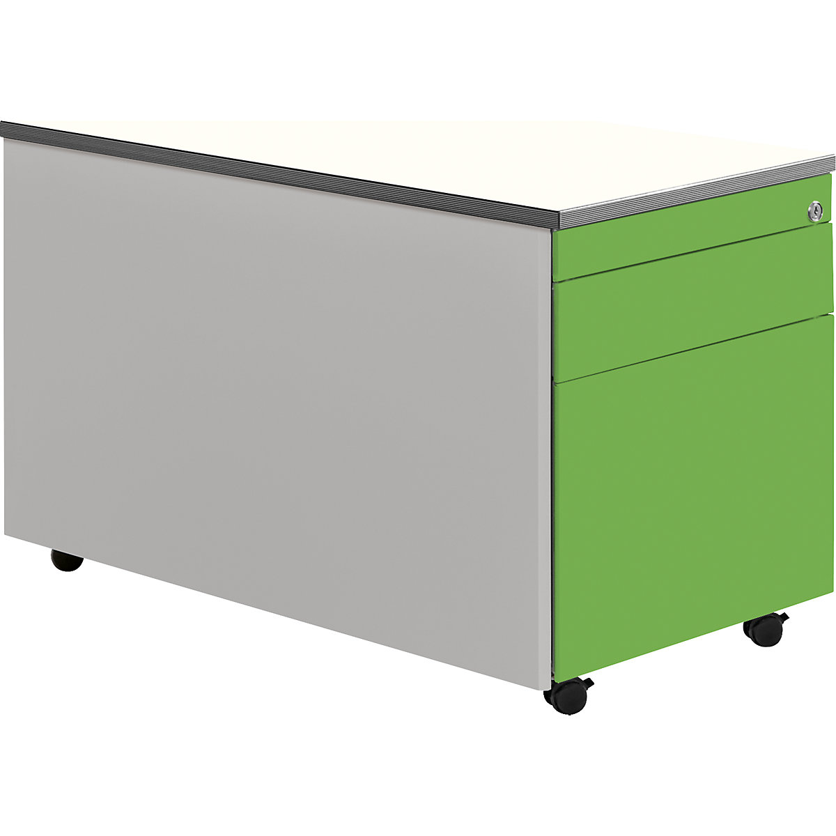 Casetieră cu sertare cu role – mauser, î. x ad. 529 x 800 mm, 1 sertar pentru materiale, 1 registratură suspendată, alb aluminiu / verde gălbui / alb